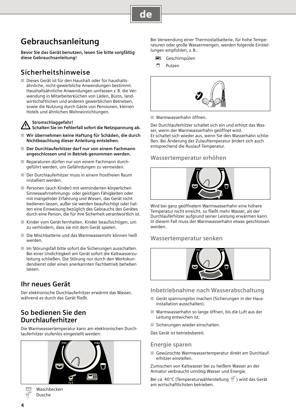 Gebrauchsanleitung, Sicherheitshinweise, Ihr neues gerät | So bedienen sie den durchlauferhitzer, Wassertemperatur erhöhen, Energie sparen | Siemens DE18401 User Manual | Page 4 / 48