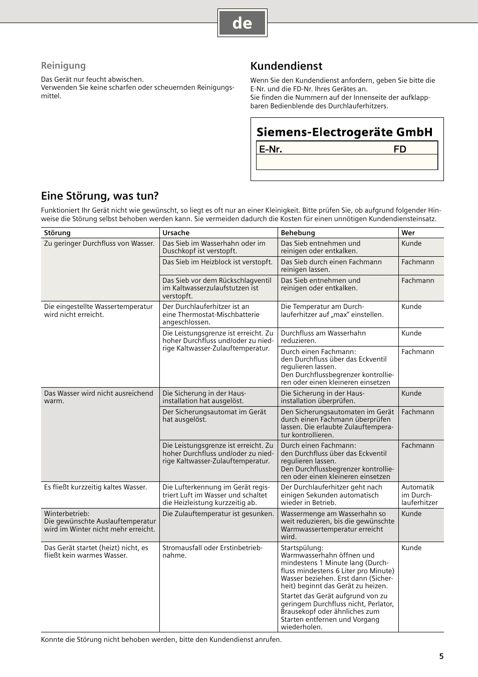 Kundendienst, Eine störung, was tun, Reinigung | Siemens DE18401 User Manual | Page 5 / 48