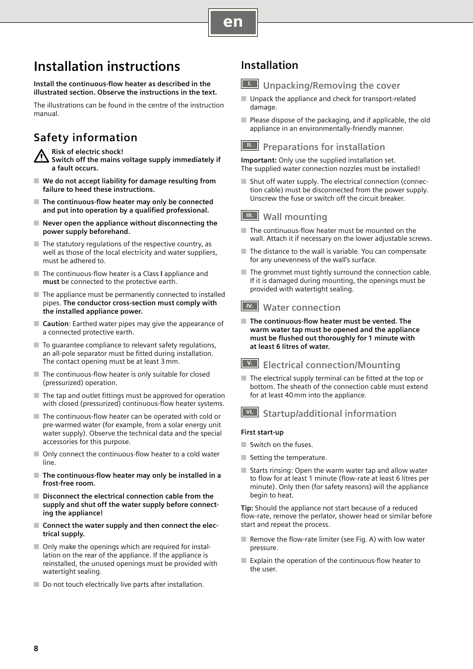 Installation instructions, Safety information, Installation | Unpacking/removing the cover, Preparations for installation, Wall mounting, Water connection, Electrical connection/mounting, Startup/additional information | Siemens DE18401 User Manual | Page 8 / 48