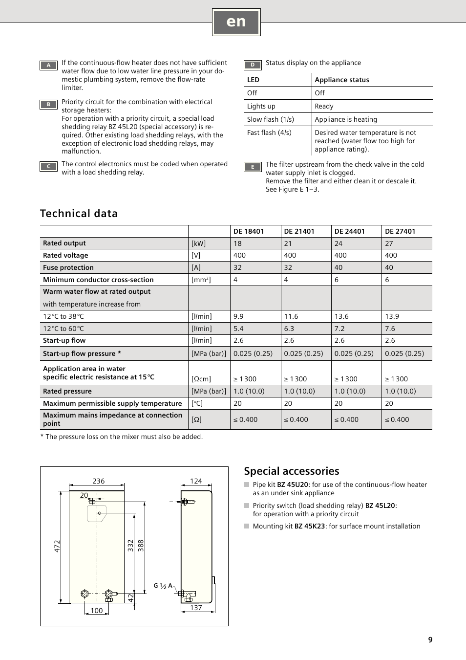 Technical data, Special accessories | Siemens DE18401 User Manual | Page 9 / 48