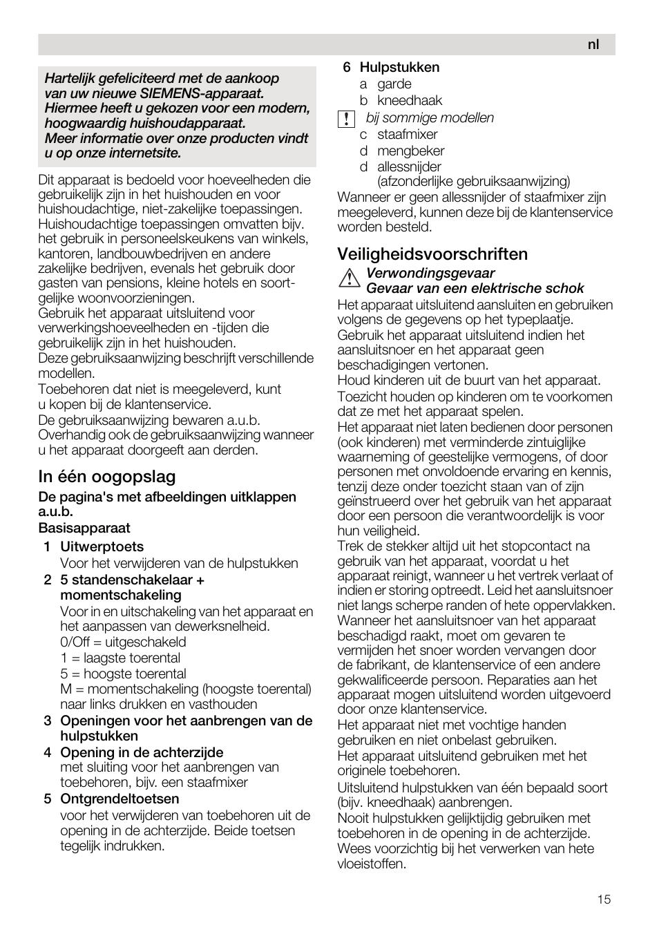 Veiligheidsvoorschriften | Siemens MQ95520N User Manual | Page 15 / 62