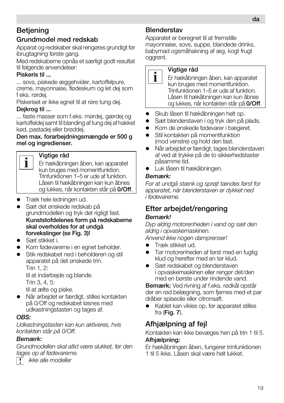 Betjening, Efter arbejdet/rengøring, Afhjælpning af fejl | Siemens MQ95520N User Manual | Page 19 / 62