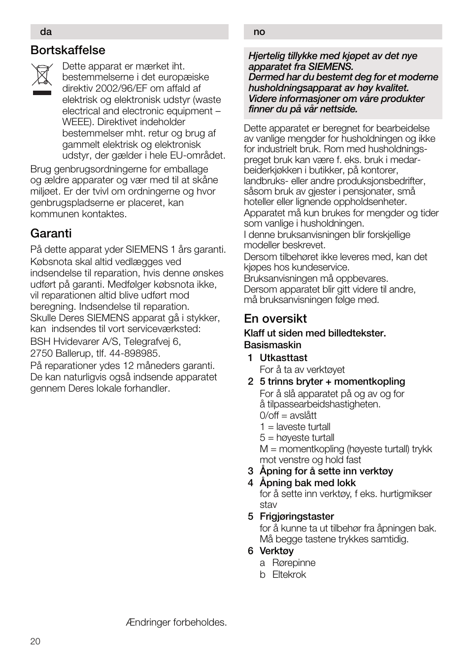 Bortskaffelse, Garanti, En oversikt | Siemens MQ95520N User Manual | Page 20 / 62