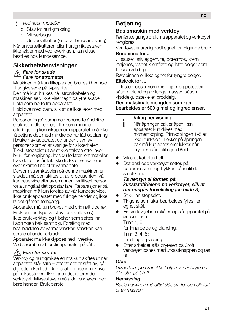 Sikkerhetshenvisninger, Betjening | Siemens MQ95520N User Manual | Page 21 / 62