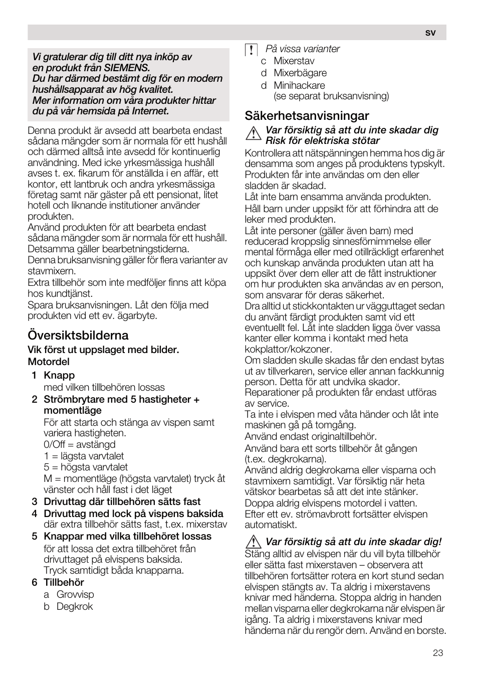 Översiktsbilderna, Säkerhetsanvisningar | Siemens MQ95520N User Manual | Page 23 / 62