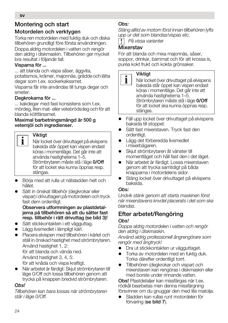 Montering och start, Efter arbetet/rengöring | Siemens MQ95520N User Manual | Page 24 / 62