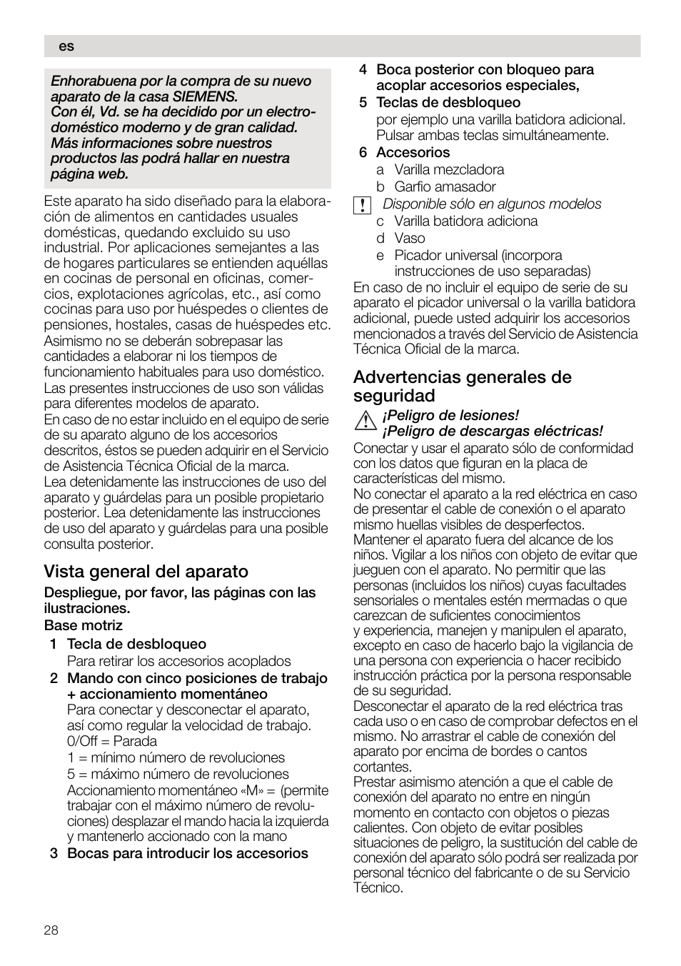 Vista general del aparato, Advertencias generales de seguridad | Siemens MQ95520N User Manual | Page 28 / 62