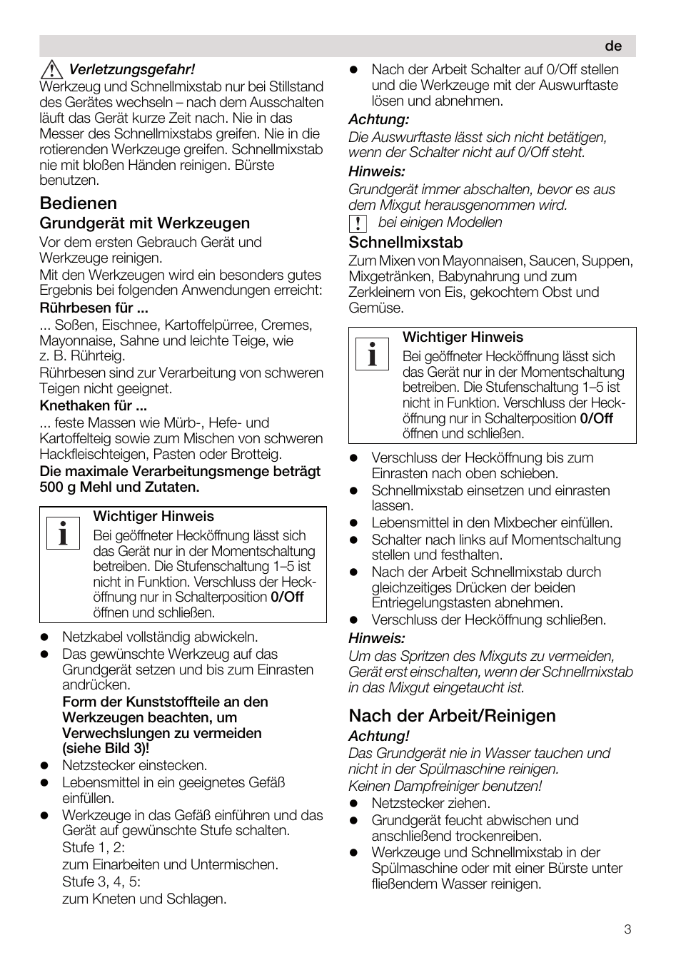 Bedienen, Nach der arbeit/reinigen | Siemens MQ95520N User Manual | Page 3 / 62