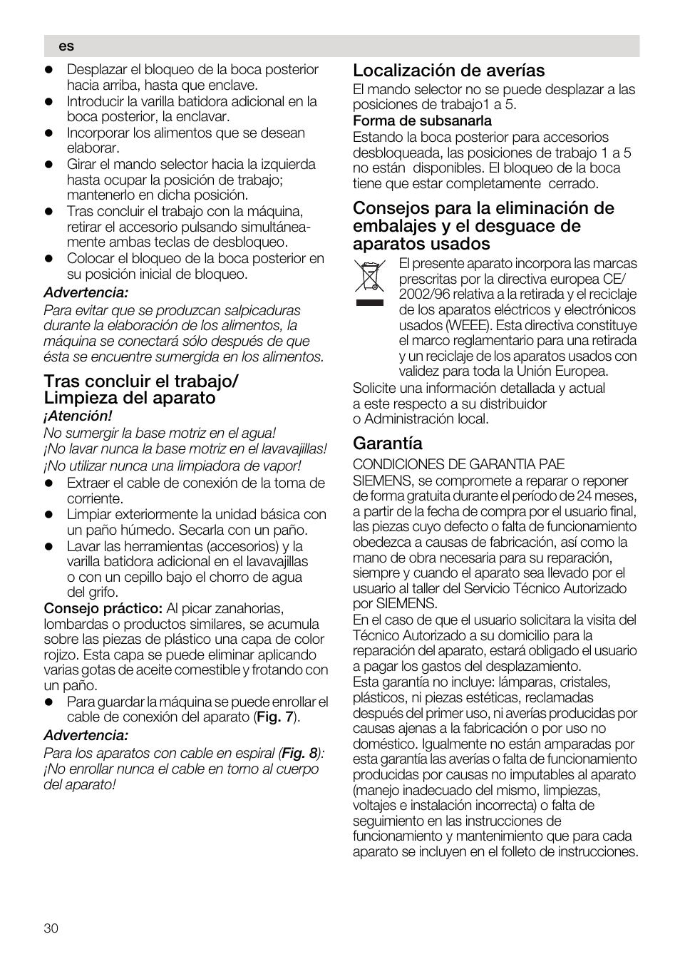 Tras concluir el trabajo/ limpieza del aparato, Localización de averías, Garantía | Siemens MQ95520N User Manual | Page 30 / 62