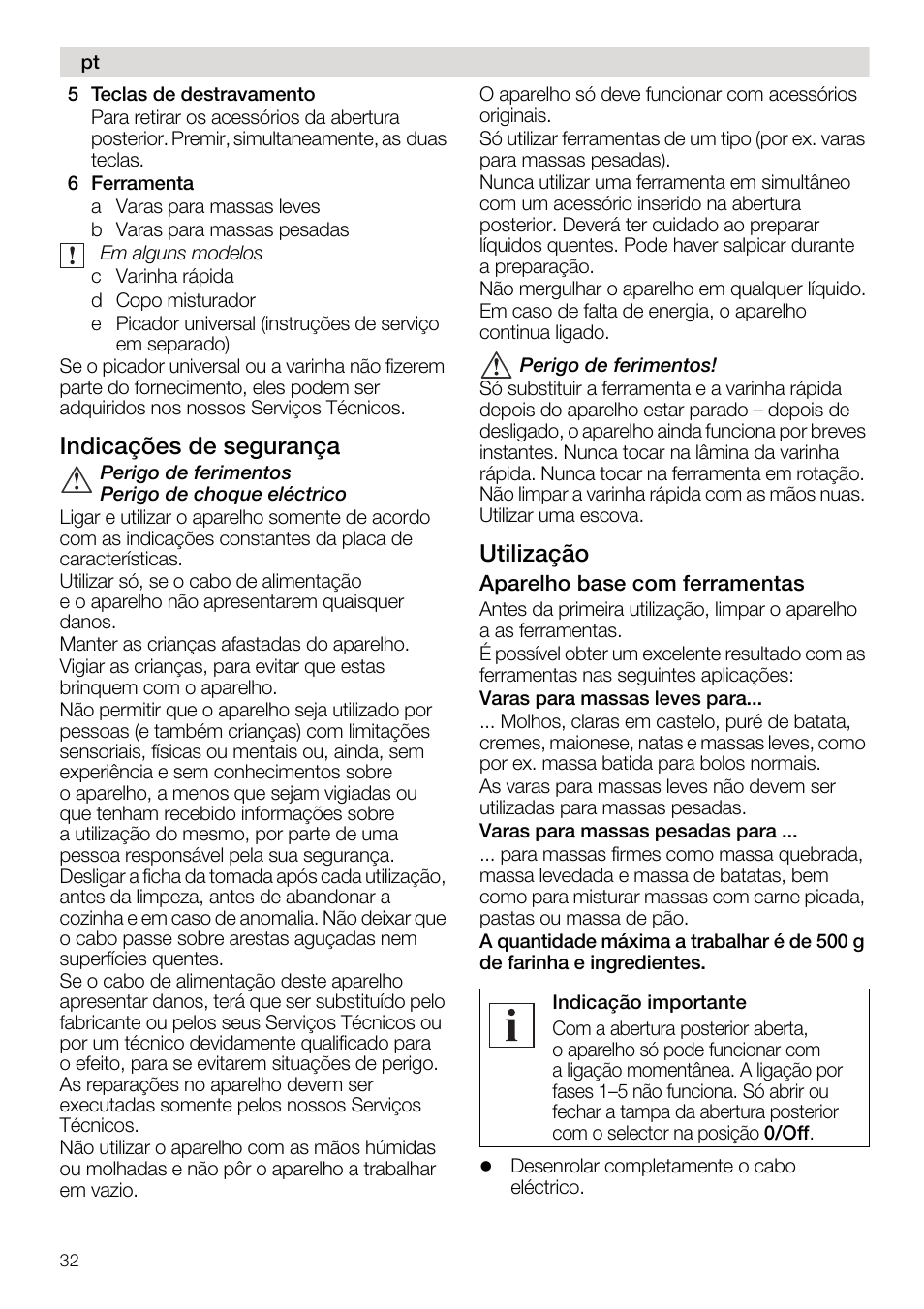 Indicações de segurança, Utilização | Siemens MQ95520N User Manual | Page 32 / 62