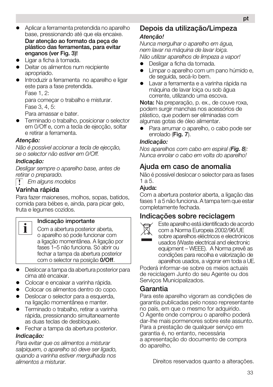 Depois da utilização/limpeza, Ajuda em caso de anomalia, Indicações sobre reciclagem | Garantia | Siemens MQ95520N User Manual | Page 33 / 62