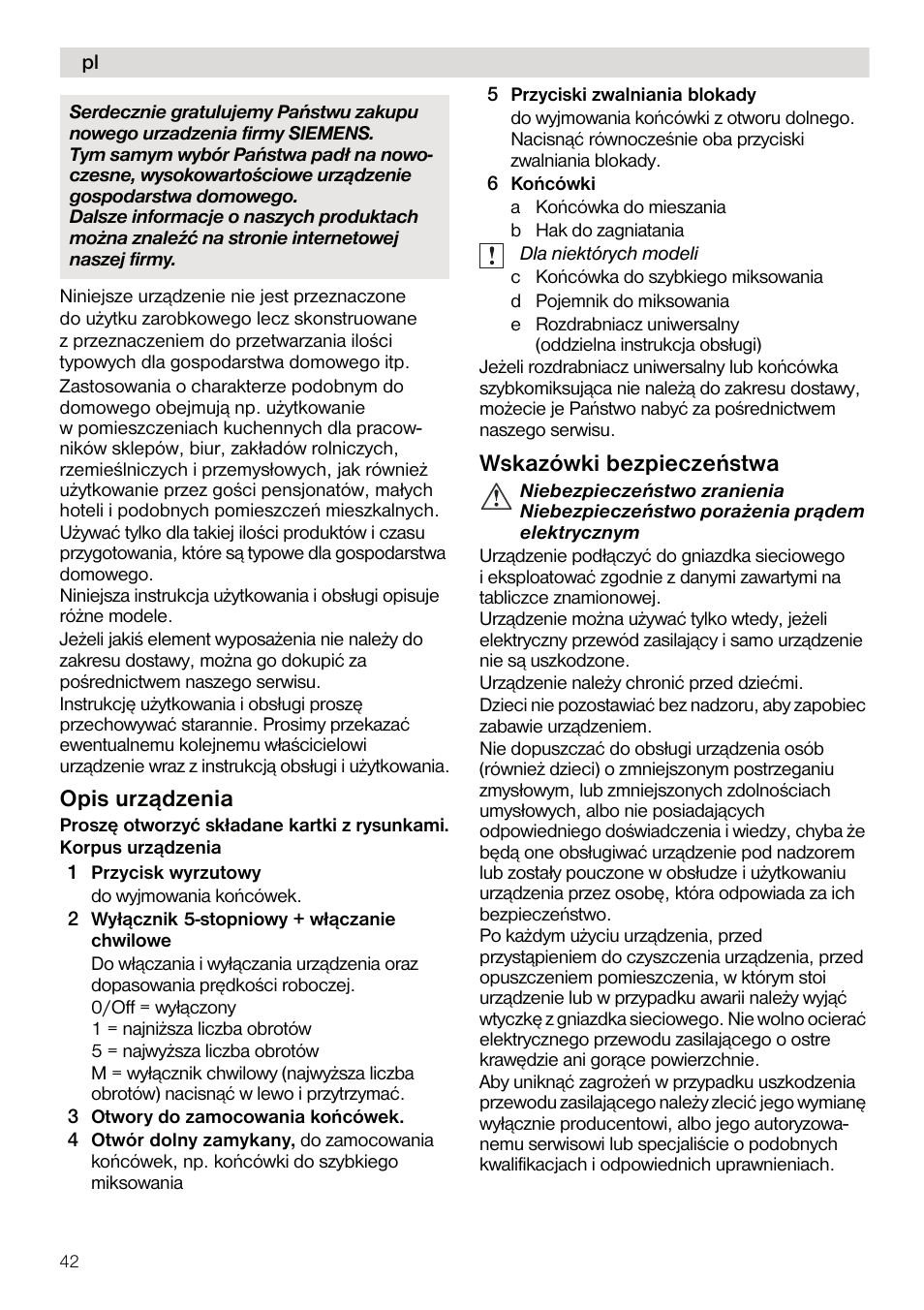 Opis urz¹dzenia, Wskazówki bezpieczeñstwa | Siemens MQ95520N User Manual | Page 42 / 62