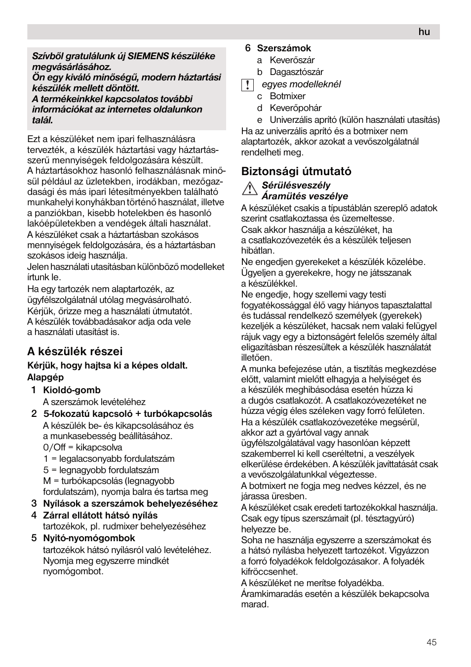 A készülék részei, Biztonsági útmutató | Siemens MQ95520N User Manual | Page 45 / 62