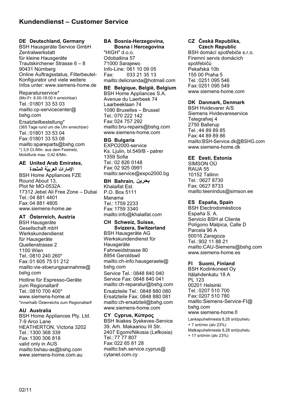 Ϧϳήτα, Kundendienst – customer service | Siemens MQ95520N User Manual | Page 57 / 62