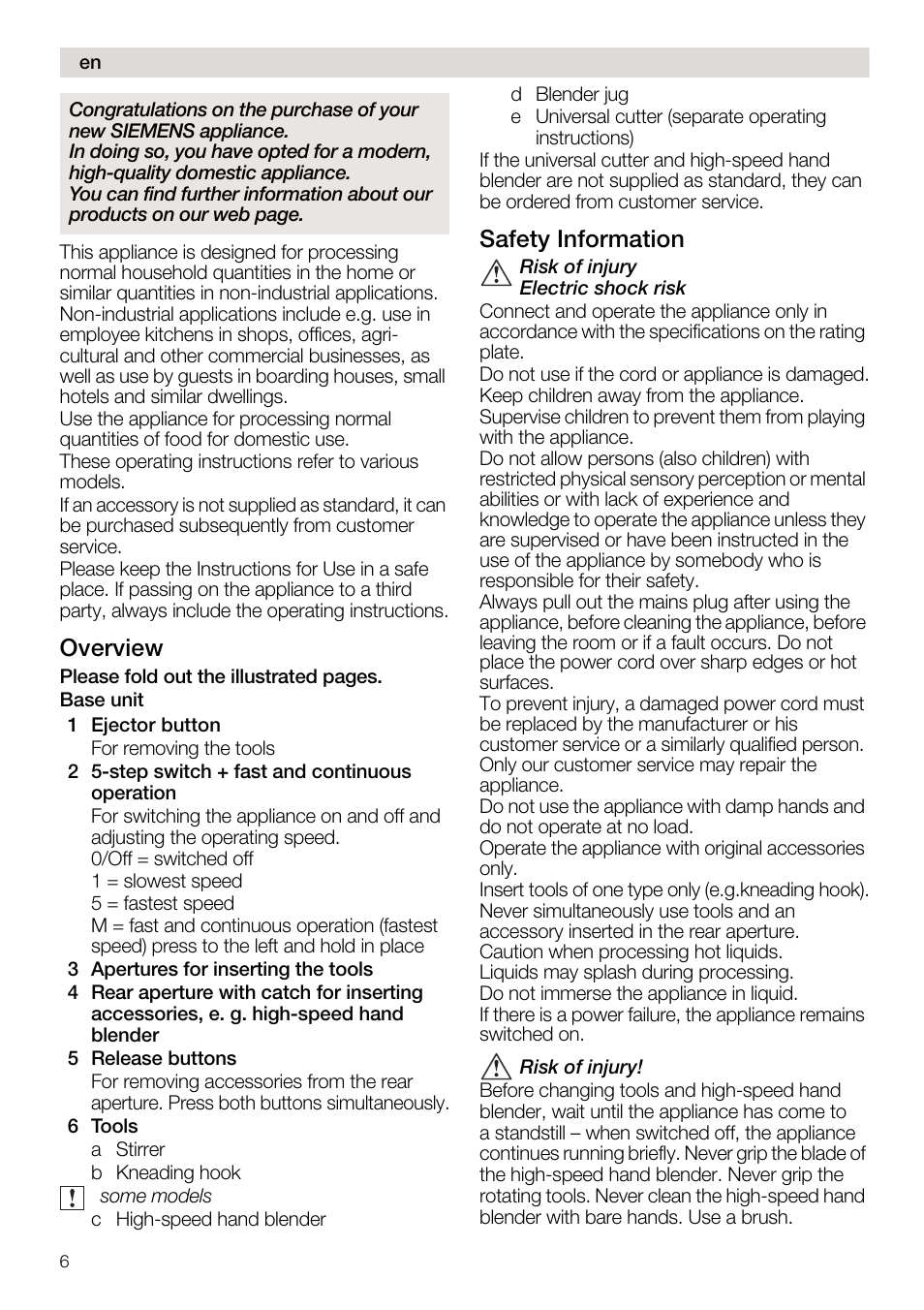 Overview, Safety information | Siemens MQ95520N User Manual | Page 6 / 62