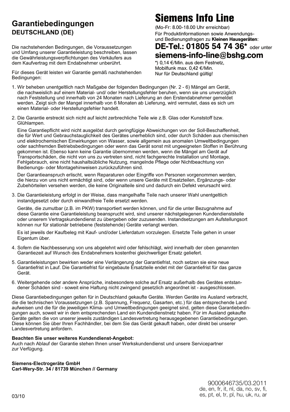 Siemens info line, Garantiebedingungen | Siemens MQ95520N User Manual | Page 60 / 62