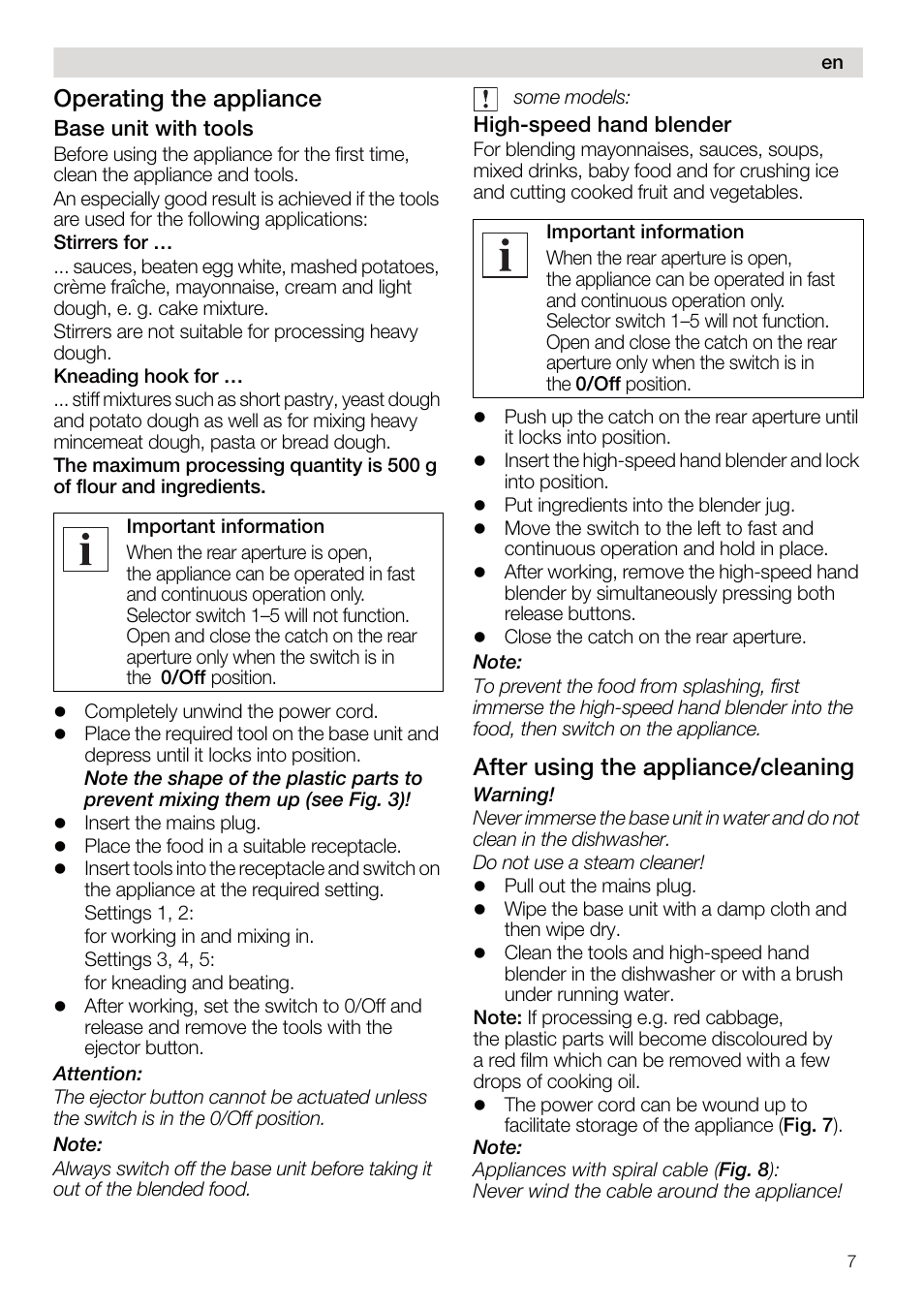 Operating the appliance, After using the appliance/cleaning | Siemens MQ95520N User Manual | Page 7 / 62