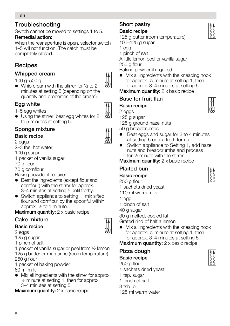 Troubleshooting, Recipes | Siemens MQ95520N User Manual | Page 8 / 62