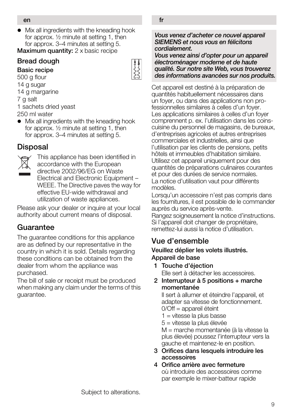 Disposal, Guarantee, Vue d’ensemble | Siemens MQ95520N User Manual | Page 9 / 62