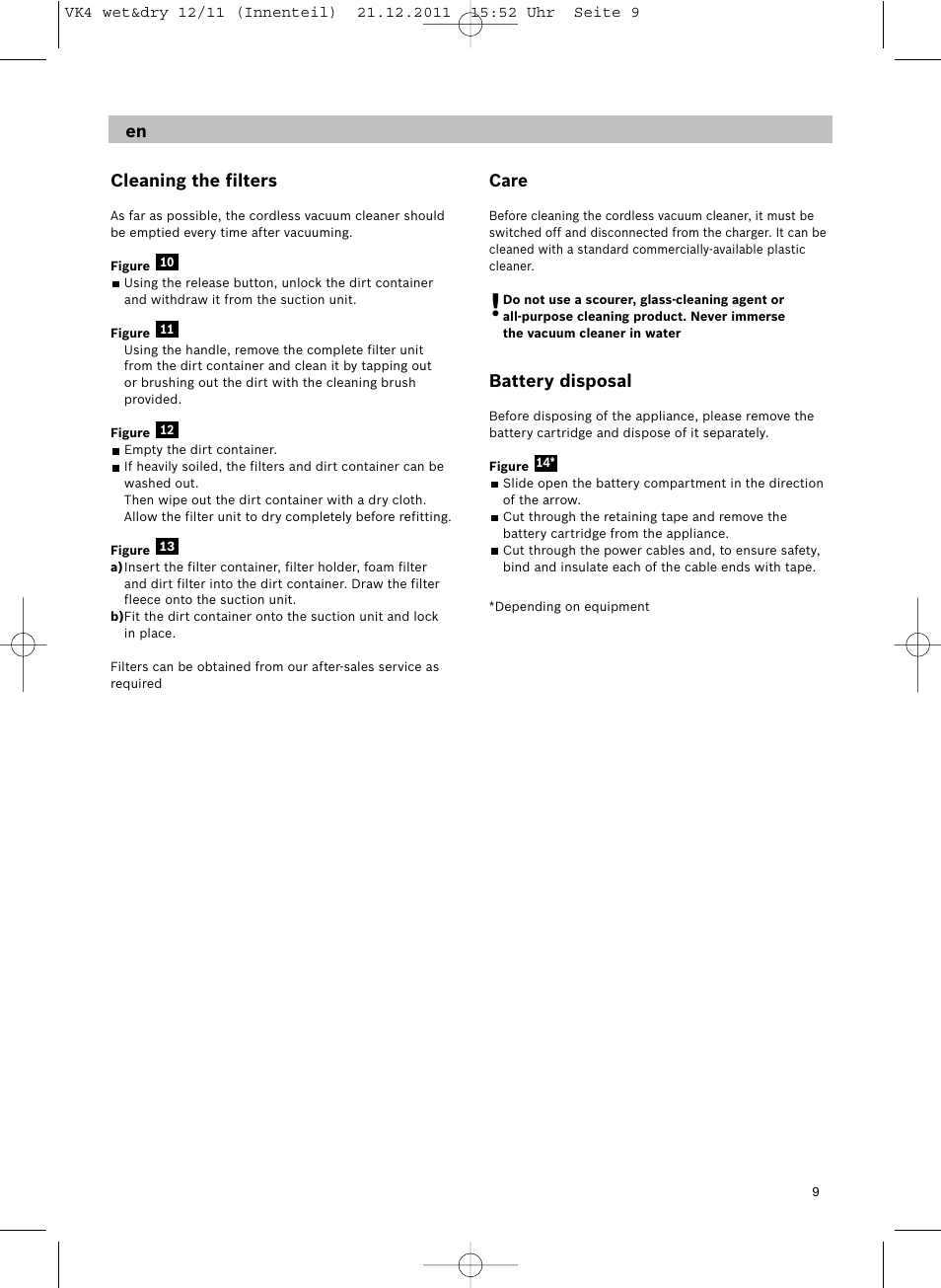 Cleaning the filters, Care, Battery disposal | Siemens VK40B01 User Manual | Page 11 / 82