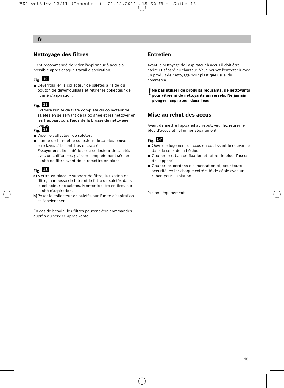 Nettoyage des filtres, Entretien, Mise au rebut des accus | Siemens VK40B01 User Manual | Page 15 / 82