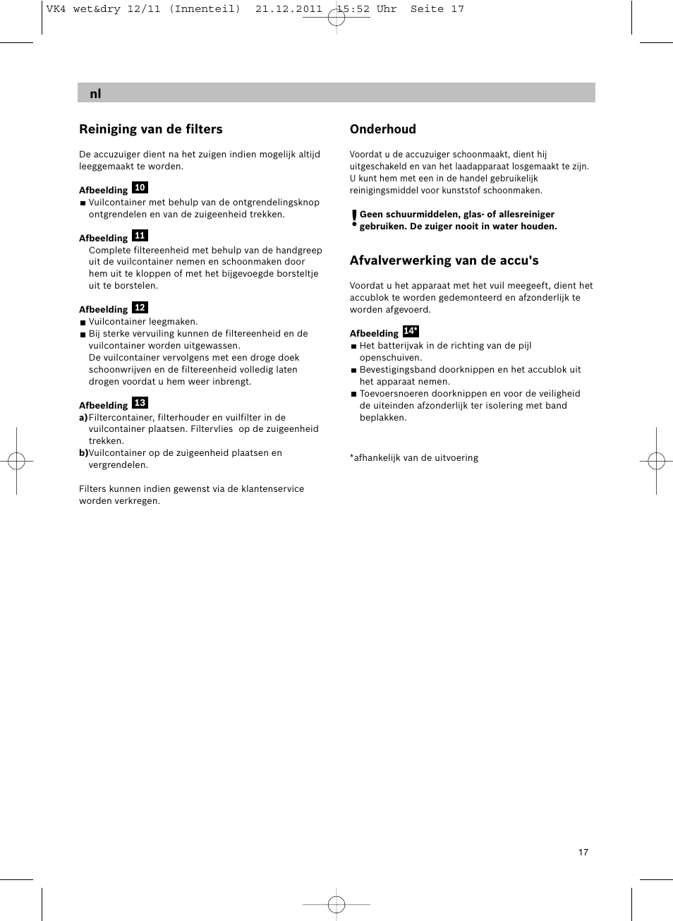 Reiniging van de filters, Onderhoud, Afvalverwerking van de accu's | Siemens VK40B01 User Manual | Page 19 / 82