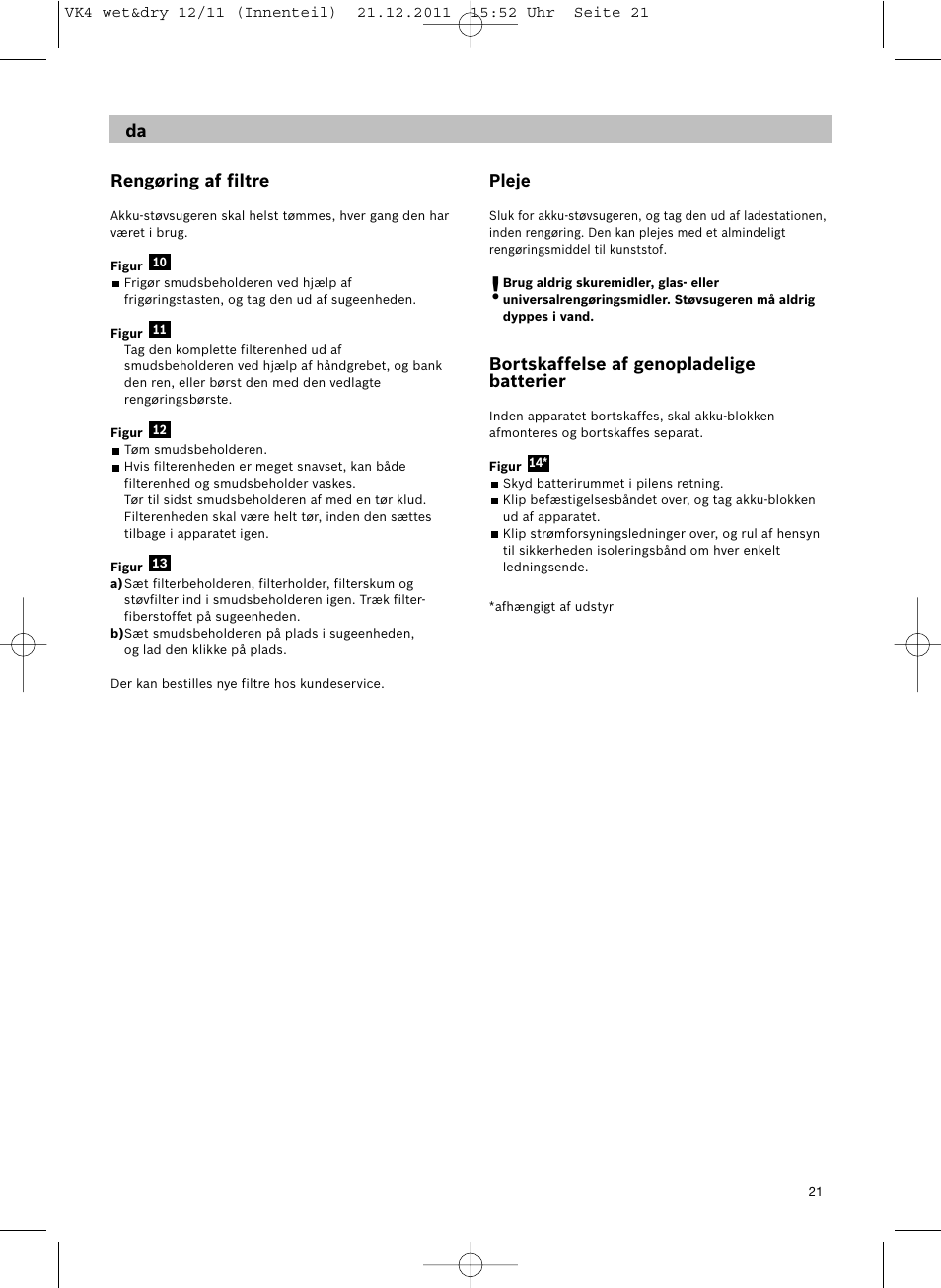 Rengøring af filtre, Pleje, Bortskaffelse af genopladelige batterier | Siemens VK40B01 User Manual | Page 23 / 82