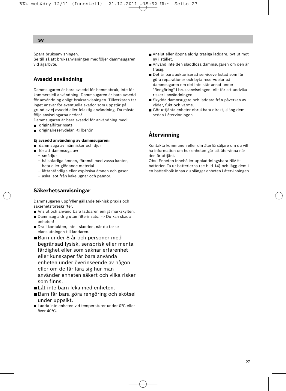 Avsedd användning, Säkerhetsanvisningar, Återvinning | Siemens VK40B01 User Manual | Page 29 / 82