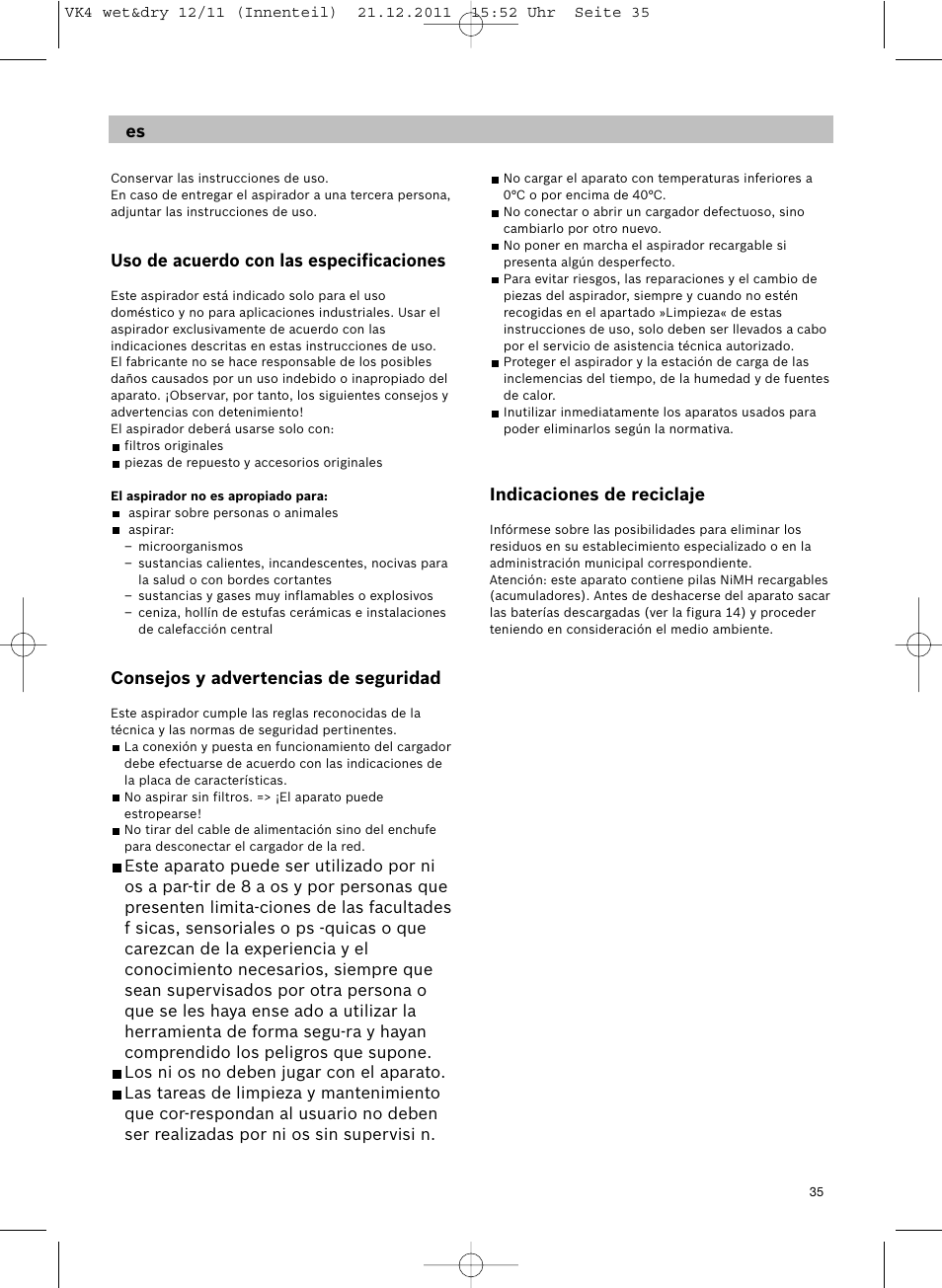 Uso de acuerdo con las especificaciones, Consejos y advertencias de seguridad, Indicaciones de reciclaje | Siemens VK40B01 User Manual | Page 37 / 82