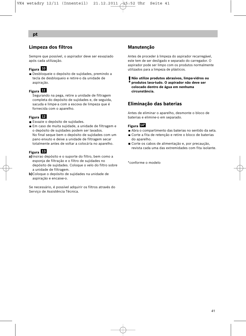 Limpeza dos filtros, Manutenção, Eliminação das baterias | Siemens VK40B01 User Manual | Page 43 / 82