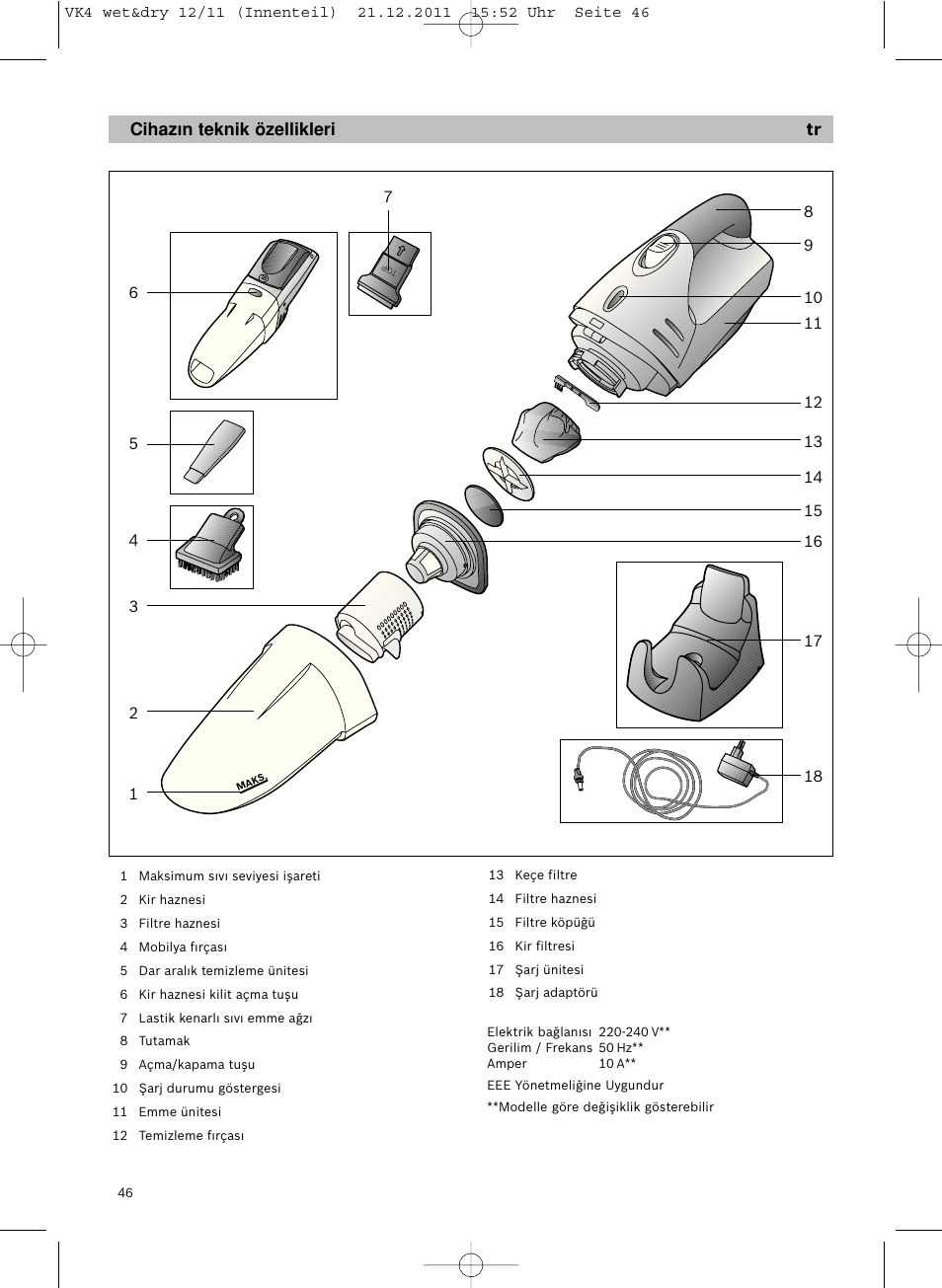 Cihaz∂n teknik özellikleri tr | Siemens VK40B01 User Manual | Page 48 / 82