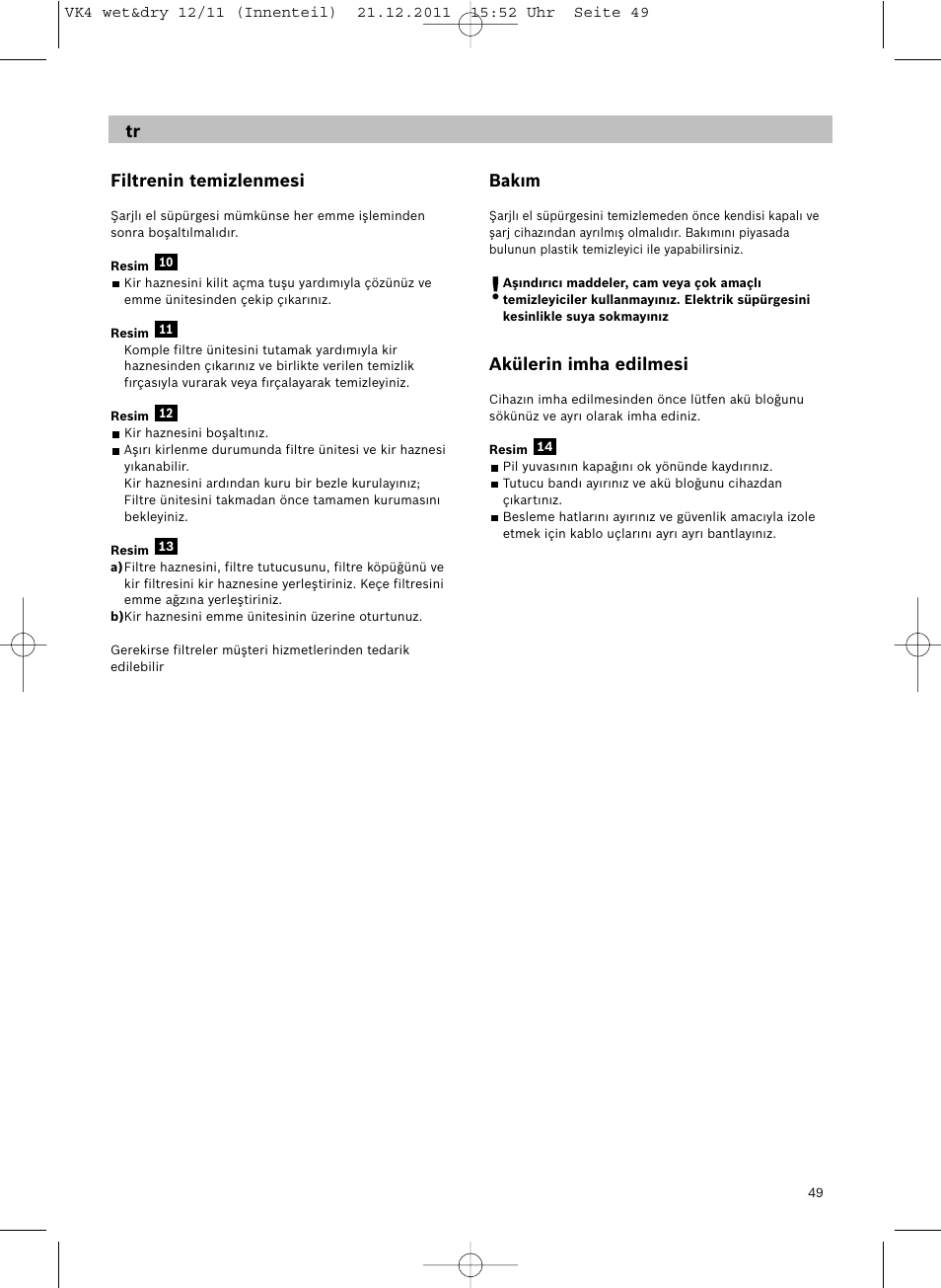 Filtrenin temizlenmesi, Bakım, Akülerin imha edilmesi | Siemens VK40B01 User Manual | Page 51 / 82