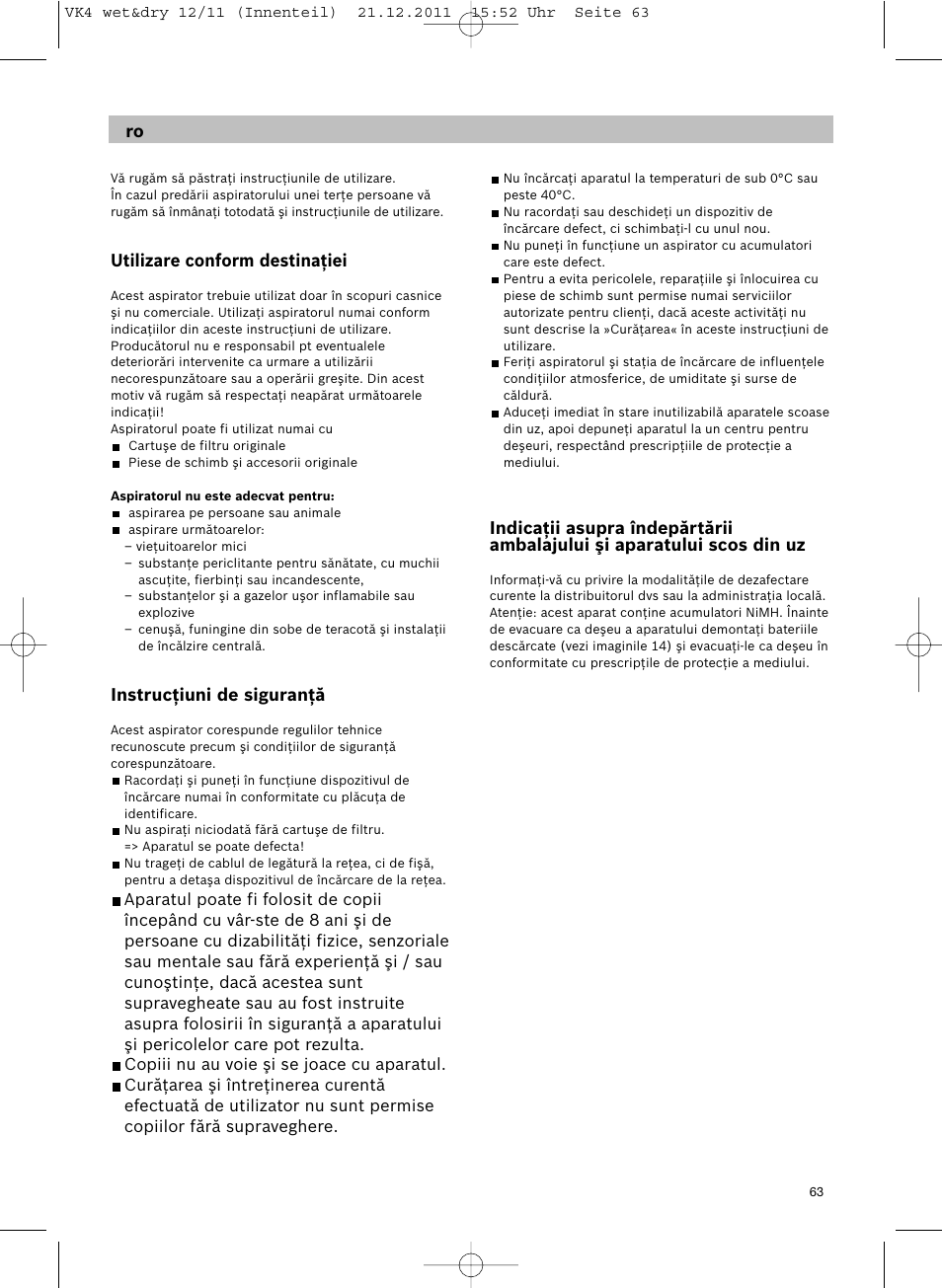 Utilizare conform destinaţiei, Instrucţiuni de siguranţă | Siemens VK40B01 User Manual | Page 65 / 82