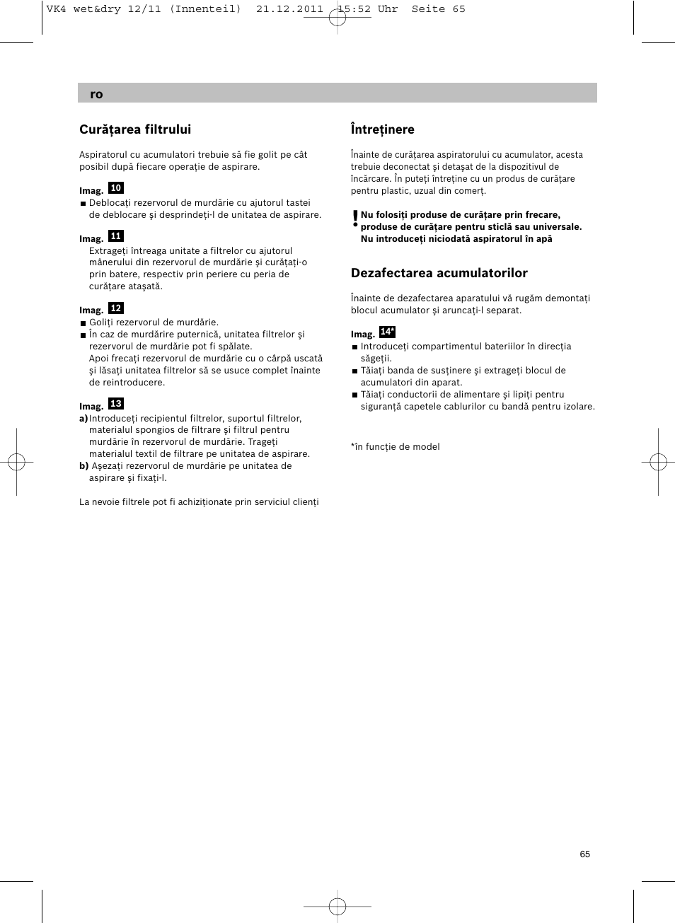 Curăţarea filtrului, Întreţinere, Dezafectarea acumulatorilor | Siemens VK40B01 User Manual | Page 67 / 82