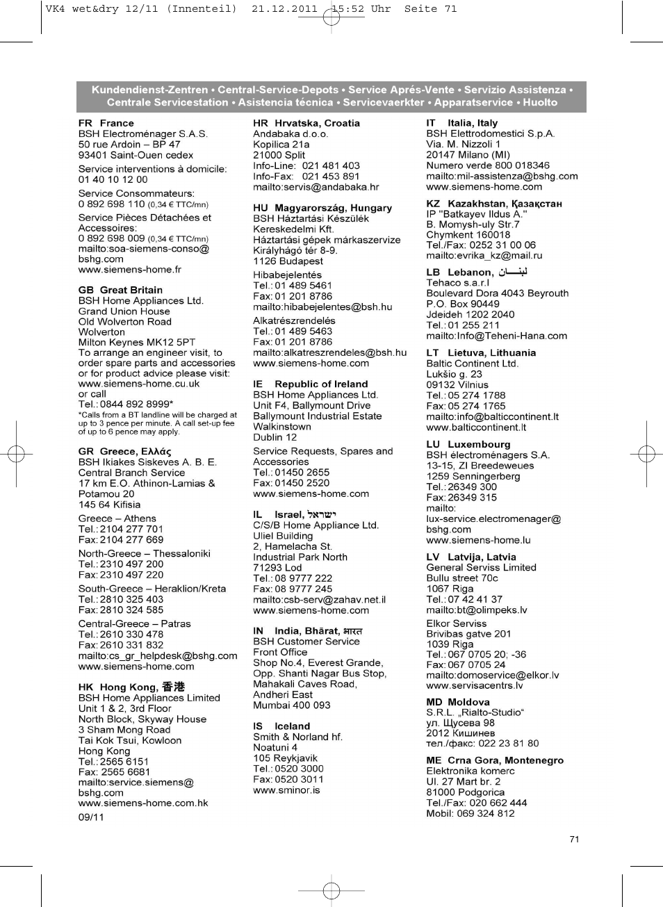 Siemens VK40B01 User Manual | Page 73 / 82