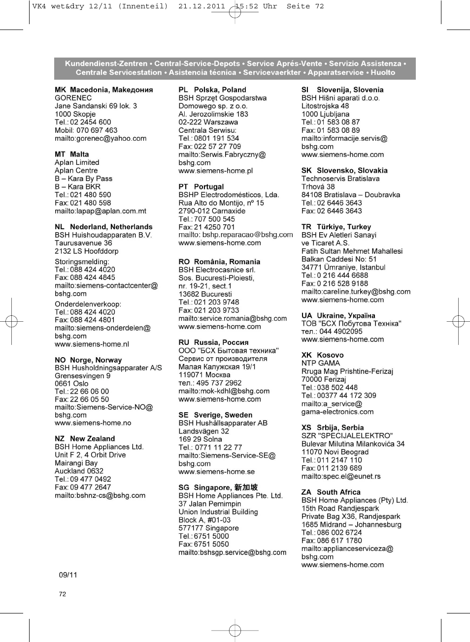 Siemens VK40B01 User Manual | Page 74 / 82