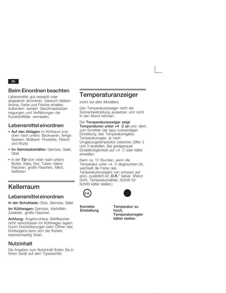 Kellerraum, Temperaturanzeiger, Beim einordnen beachten | Lebensmittel einordnen, Nutzinhalt | Siemens KI38CA50 User Manual | Page 10 / 91