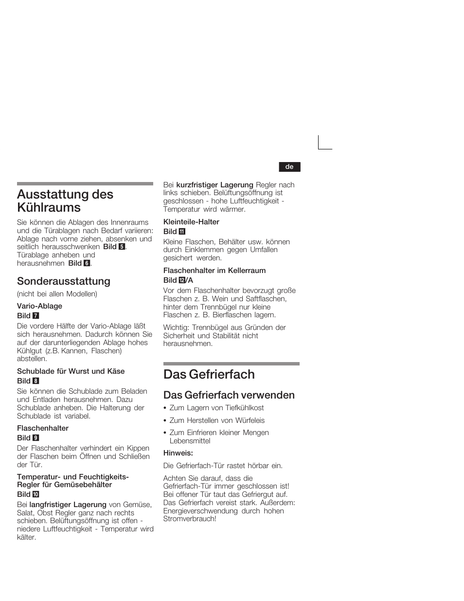 Ausstattung des kühlraums, Das gefrierfach, Sonderausstattung | Das gefrierfach verwenden | Siemens KI38CA50 User Manual | Page 11 / 91