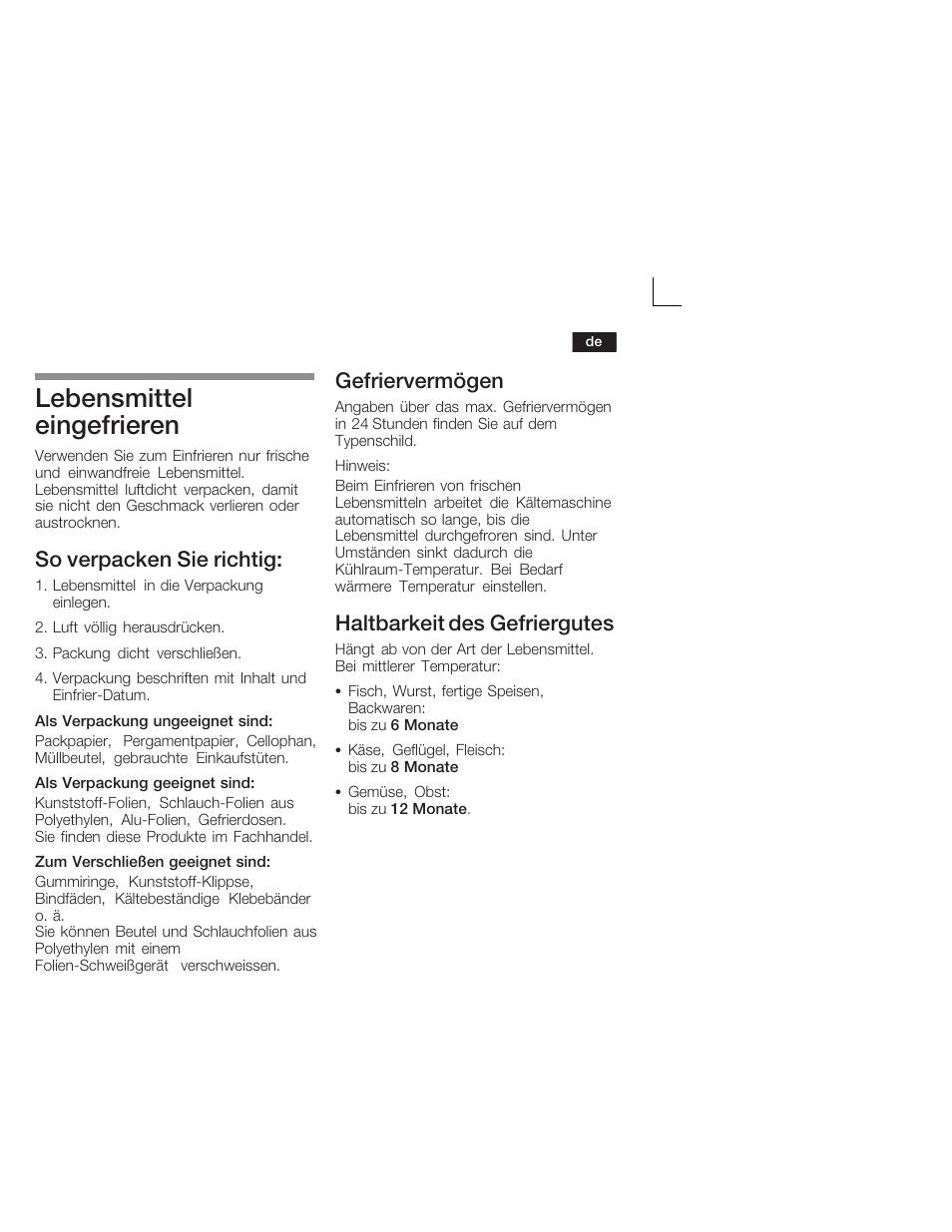 Lebensmittel eingefrieren, So verpacken sie richtig, Gefriervermögen | Haltbarkeit des gefriergutes | Siemens KI38CA50 User Manual | Page 13 / 91