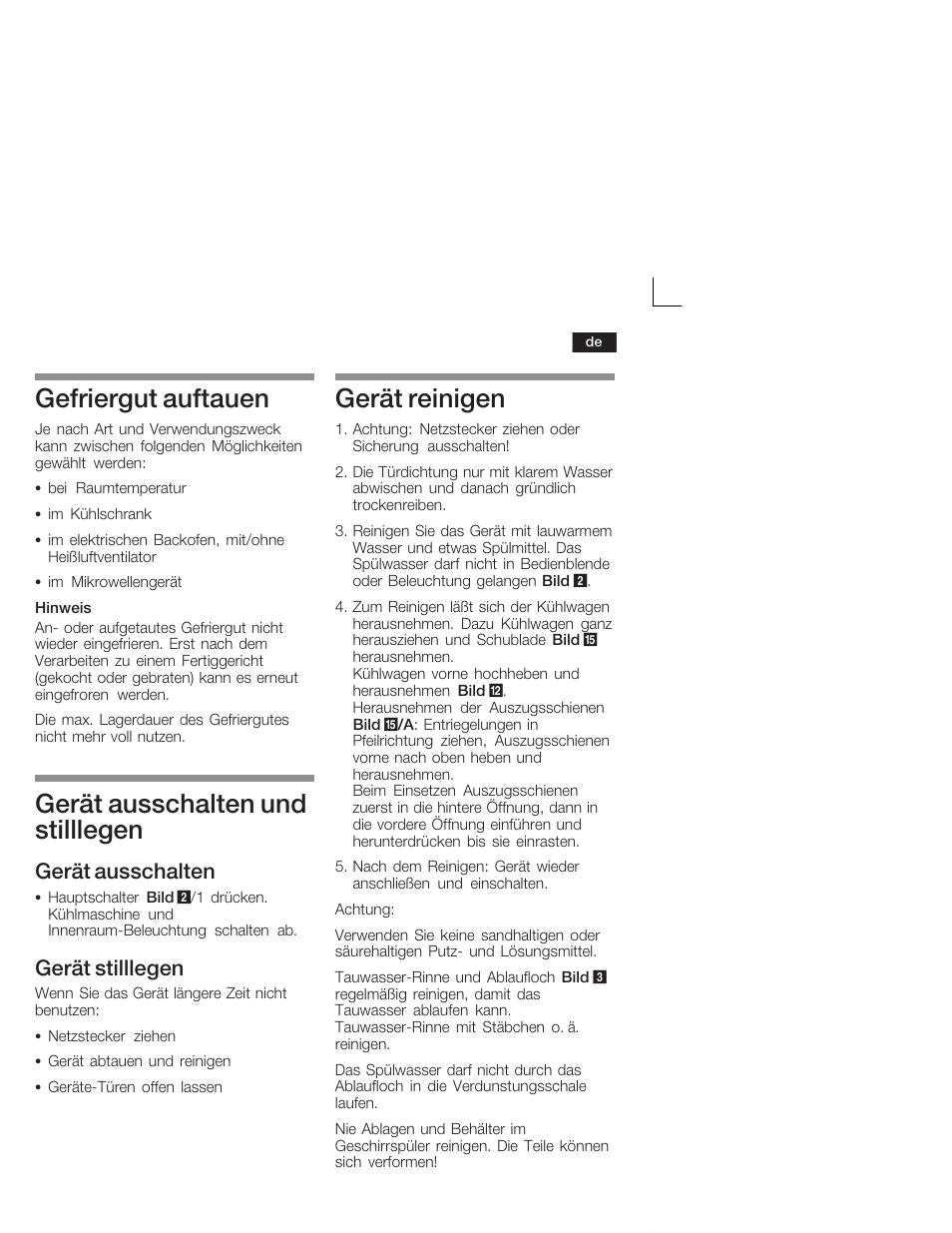 Gefriergut auftauen, Gerät ausschalten und stilllegen, Gerät reinigen | Gerät ausschalten, Gerät stilllegen | Siemens KI38CA50 User Manual | Page 15 / 91