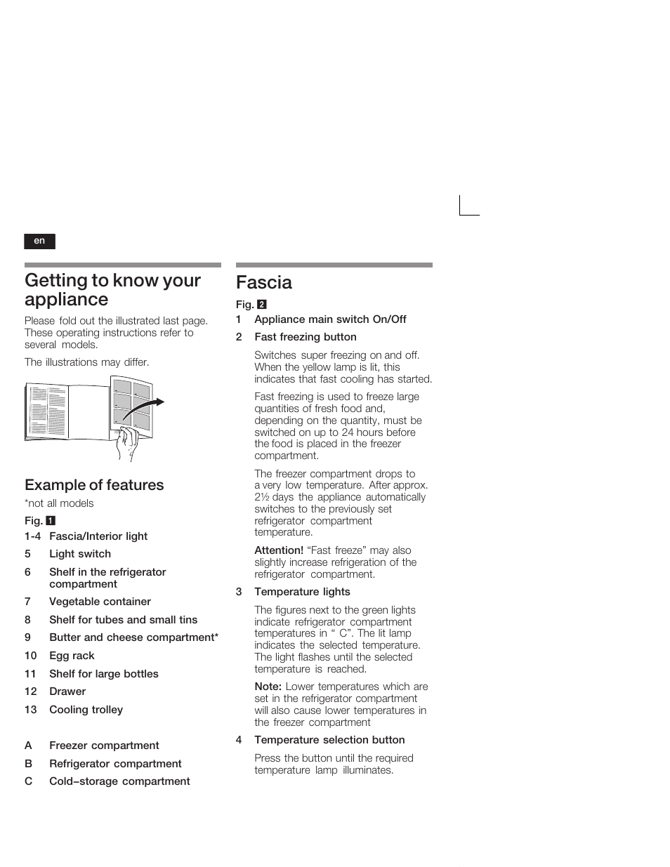 Getting to know your appliance, Fascia, Example of features | Siemens KI38CA50 User Manual | Page 22 / 91