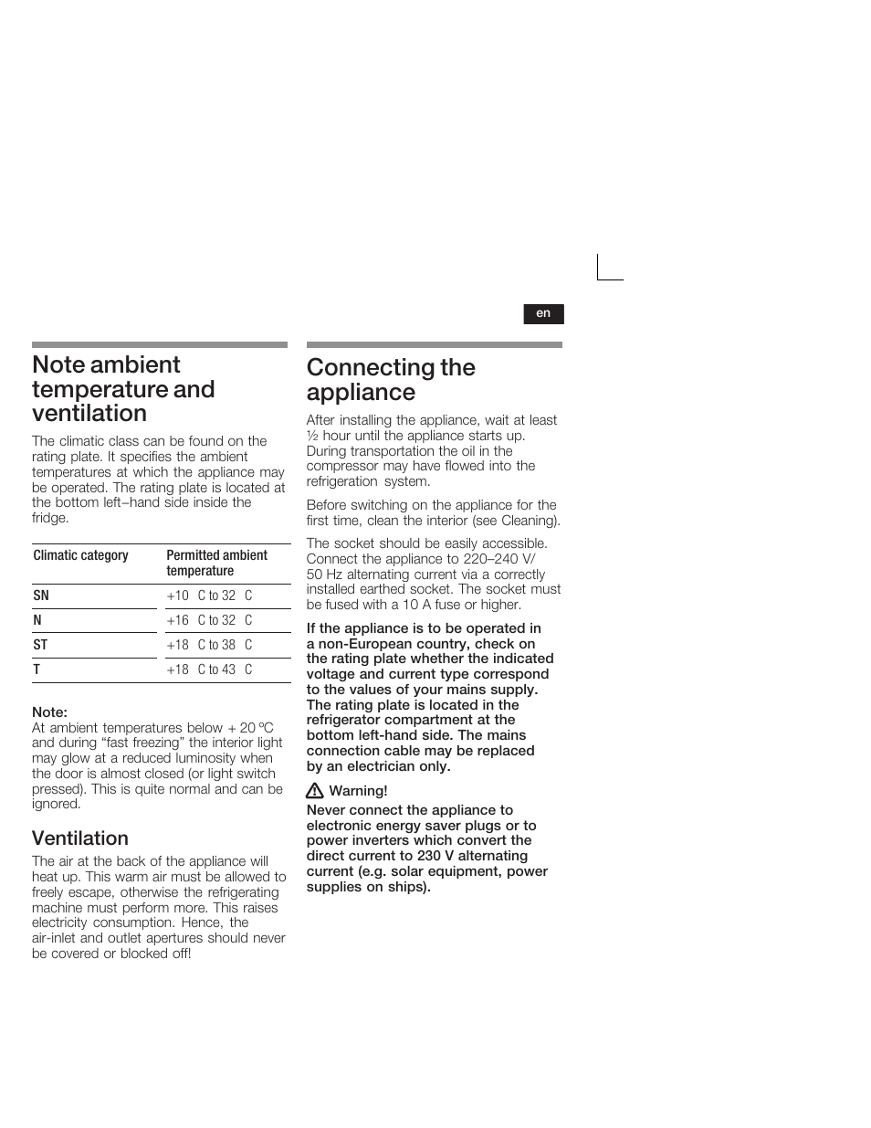 Connecting the appliance, Ventilation | Siemens KI38CA50 User Manual | Page 23 / 91