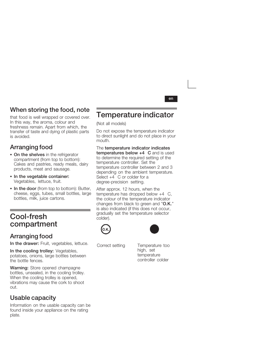 Coolćfresh compartment, Temperature indicator, Arranging food | Usable capacity | Siemens KI38CA50 User Manual | Page 25 / 91