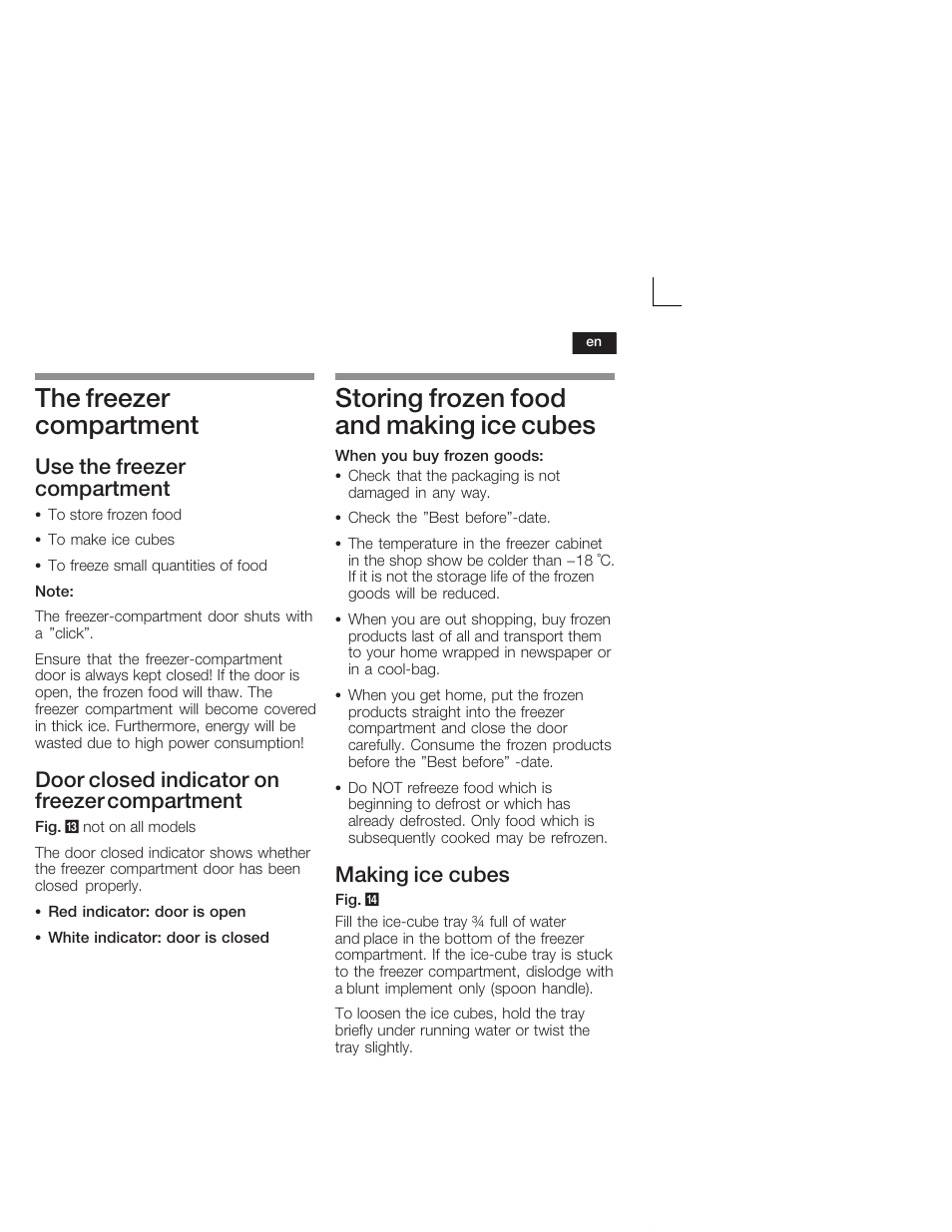 The freezer compartment, Storing frozen food and making ice cubes, Use the freezer compartment | Door closed indicator on freezer compartment, Making ice cubes | Siemens KI38CA50 User Manual | Page 27 / 91