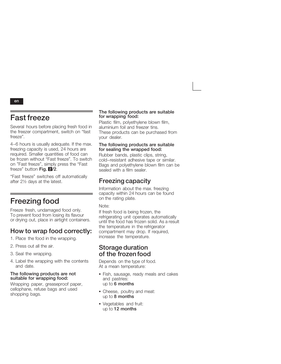 Fast freeze, Freezing food, How to wrap food correctly | Freezing capacity, Storage duration of the frozen food | Siemens KI38CA50 User Manual | Page 28 / 91