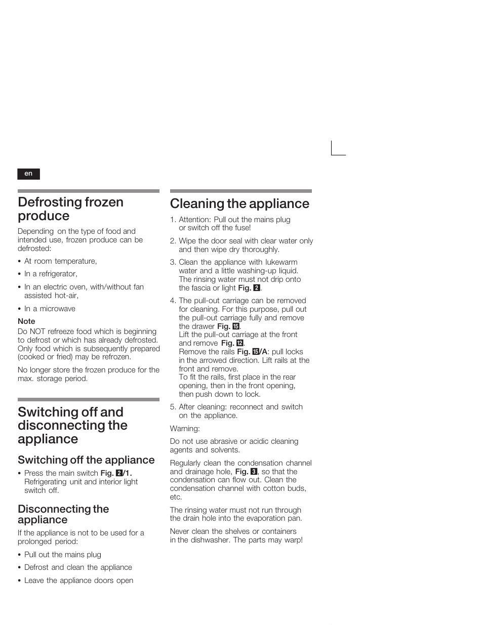 Defrosting frozen produce, Switching off and disconnecting the appliance, Cleaning the appliance | Switching off the appliance, Disconnecting the appliance | Siemens KI38CA50 User Manual | Page 30 / 91