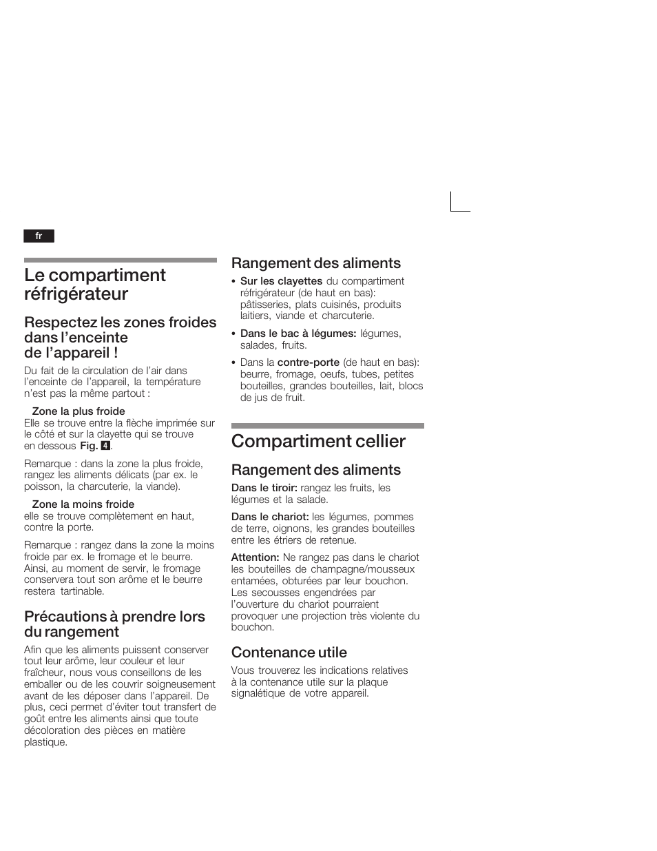 Le compartiment réfrigérateur, Compartiment cellier, Précautions à prendre lors du rangement | Rangement des aliments, Contenance utile | Siemens KI38CA50 User Manual | Page 42 / 91