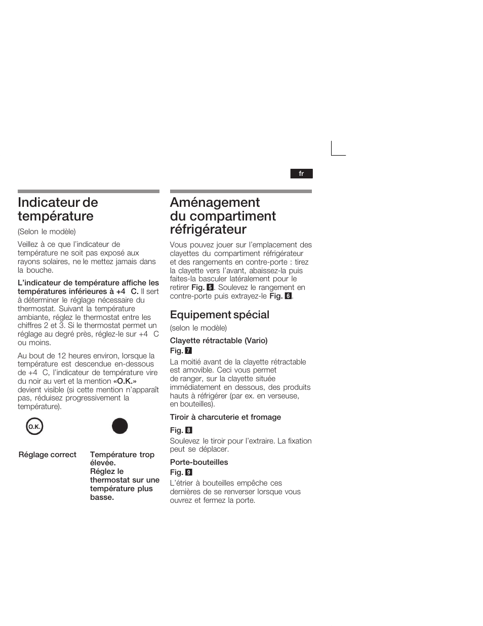 Indicateur de température, Aménagement du compartiment réfrigérateur, Equipement spécial | Siemens KI38CA50 User Manual | Page 43 / 91