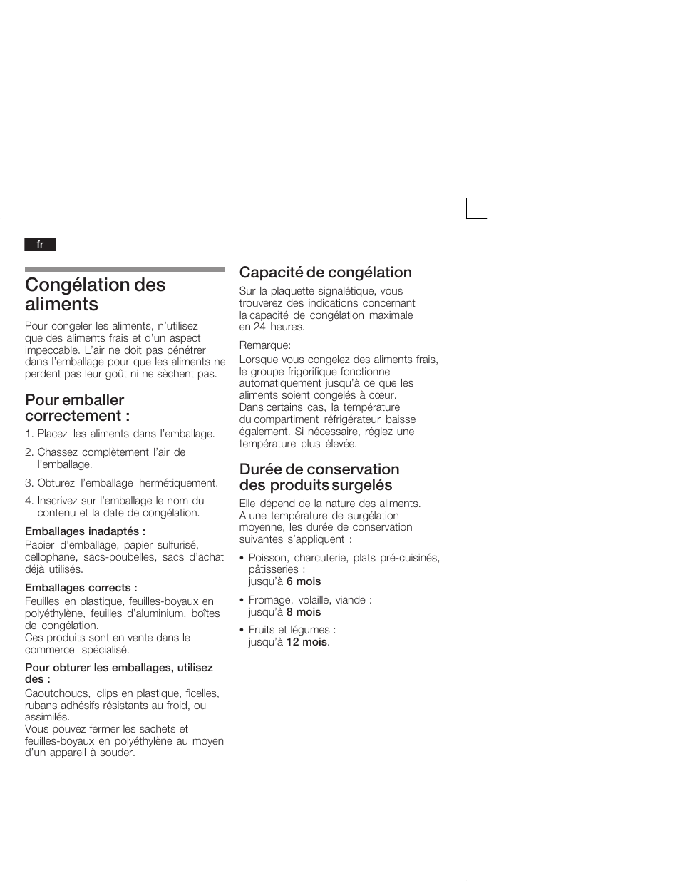 Congélation des aliments, Pour emballer correctementă, Capacité de congélation | Durée de conservation desăproduits surgelés | Siemens KI38CA50 User Manual | Page 46 / 91