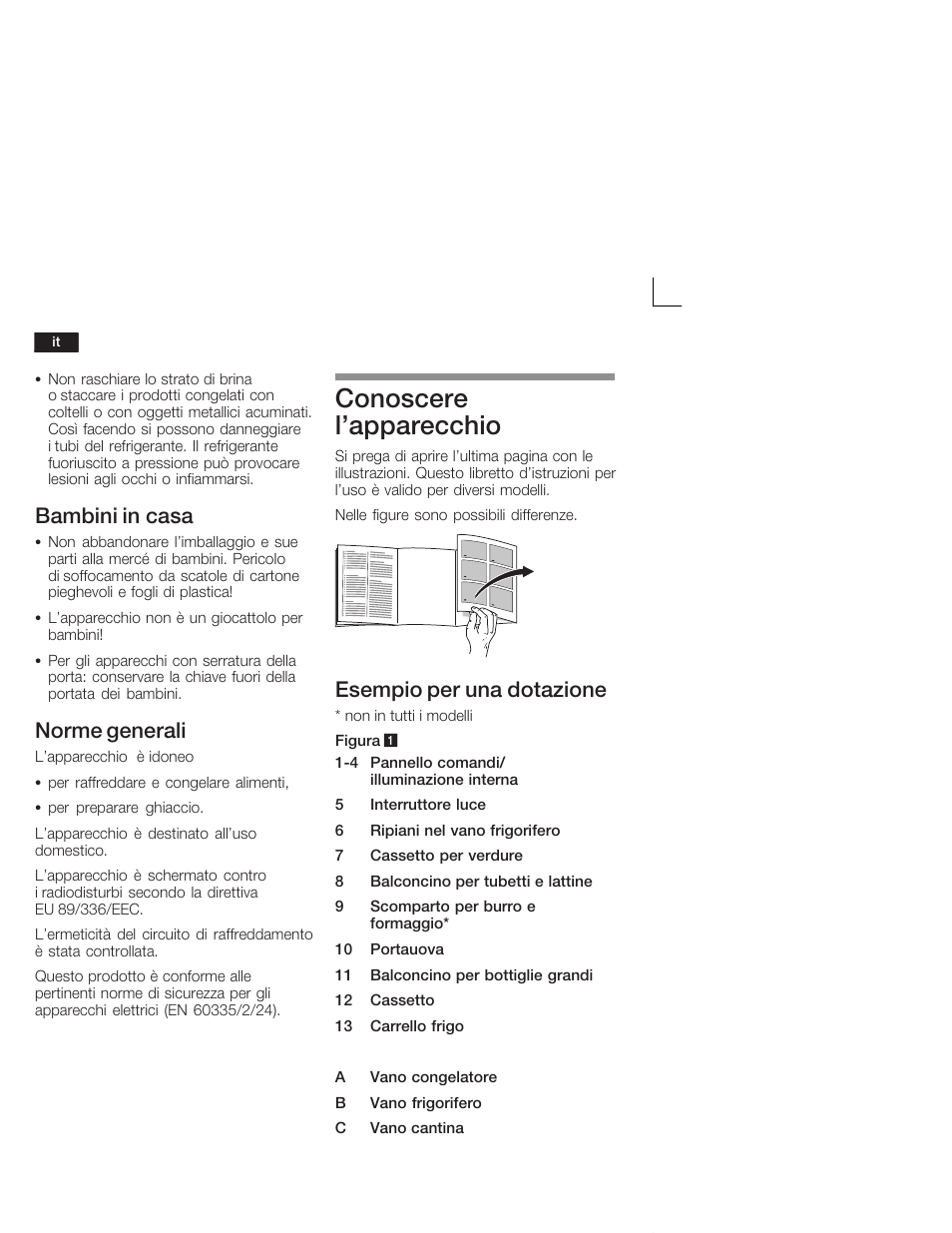 Conoscere l'apparecchio, Bambini in casa, Norme generali | Esempio per una dotazione | Siemens KI38CA50 User Manual | Page 56 / 91